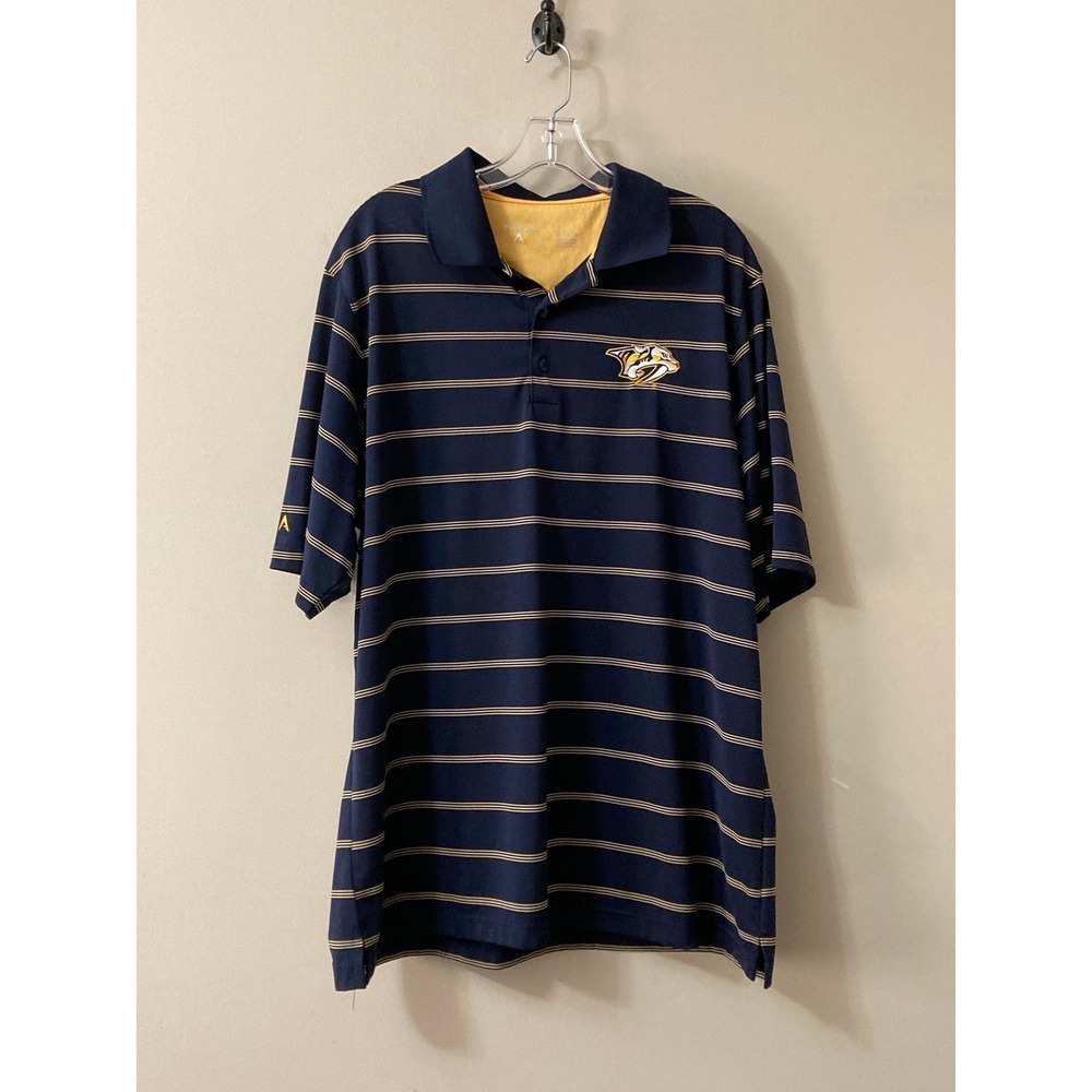Antigua Nashville Predators Striped Polo Shirt Mens XL Navy Gold